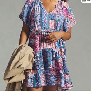 Anthropologie Robin Patchwork Floral V-Neck Mini Dress in Pink & Blue 1X New